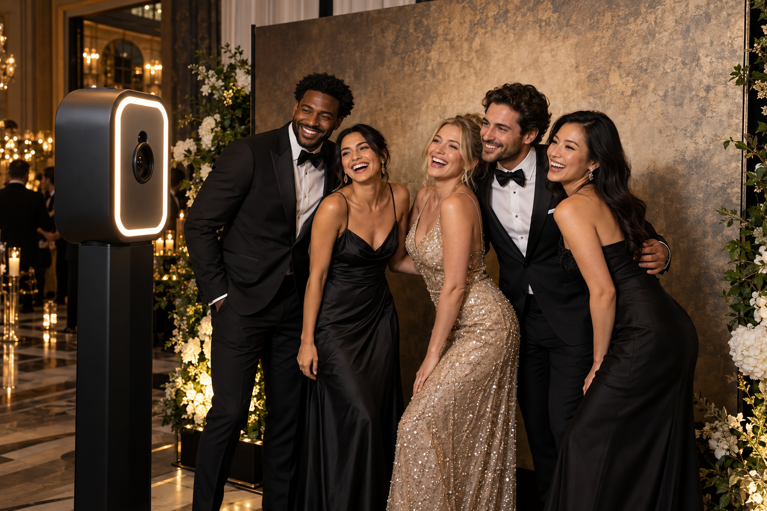 AI-generated scene of guests in evening attire laughing together at an elegant gala photo booth