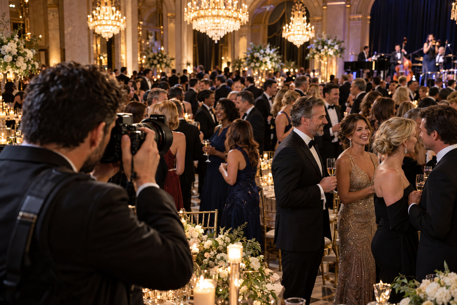 AI-generated scene of a professional photographer capturing a large black-tie gala crowd